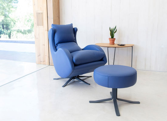 Lenny Blue Leather Rocking Chair and footstool by Fama