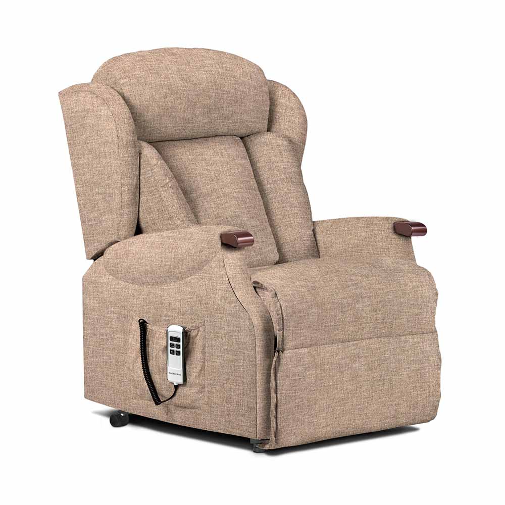 Coffee coloured lift chair with remote control on a white background