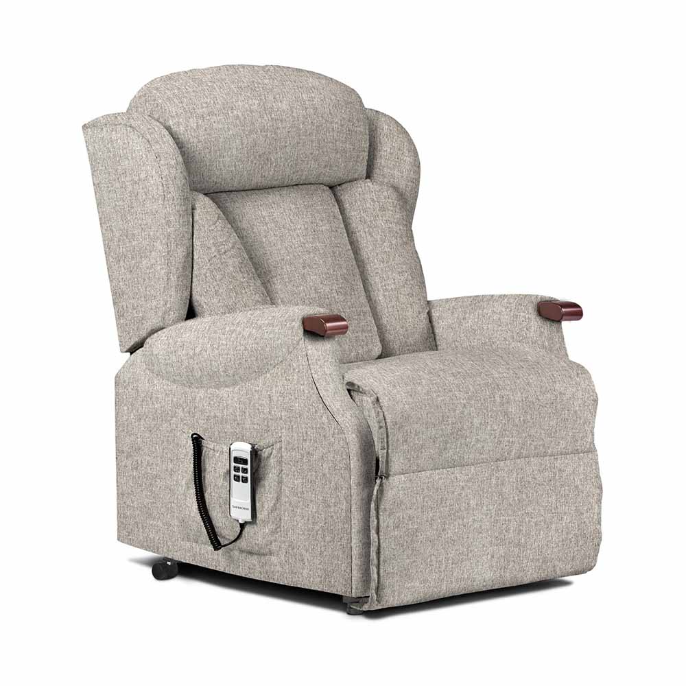 Gray lift and rise recliner chair with armrest and control panel on a white background