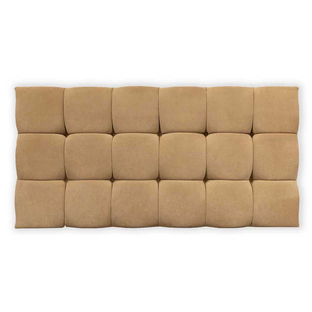 Beige cushioned headboard on a white background