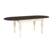 Dining table with dark brown top and white legs on a white background