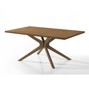 Wooden dining table with unique star-shaped legs on a white background