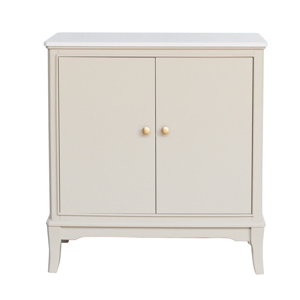 Beige cabinet with white marble countertop on a white background
