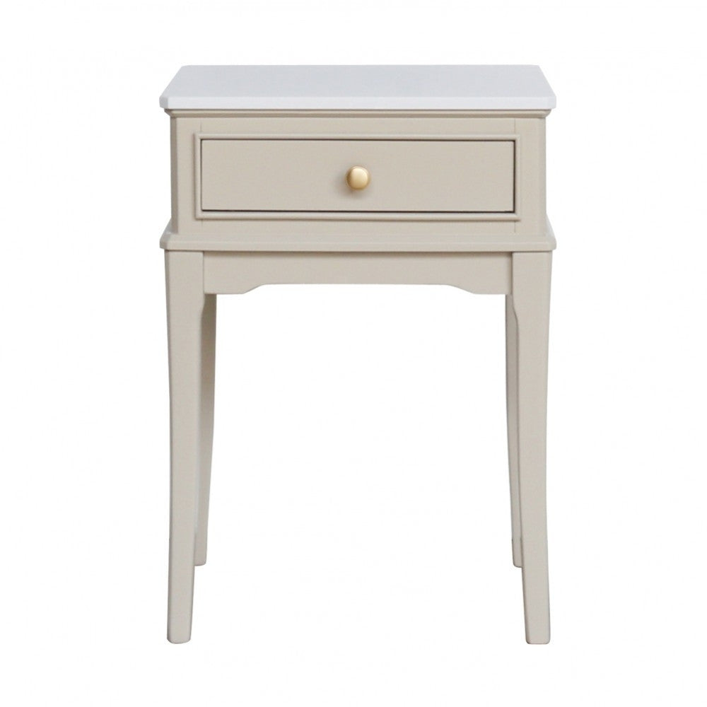 Small side table with a drawer and marble top on a white background