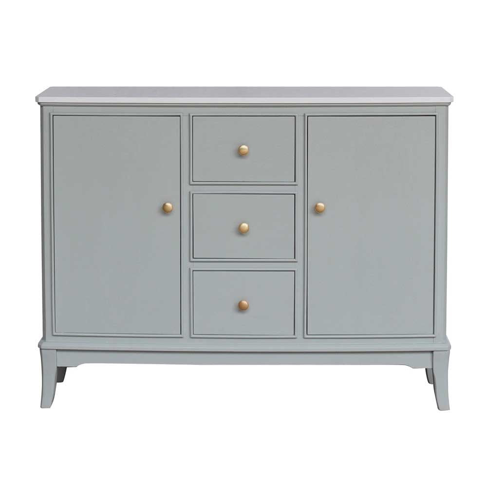 A sage green wooden sideboard or credenza with three drawers in the center and two doors on the sides, accented with small round gold knobs, shown against a plain white background.