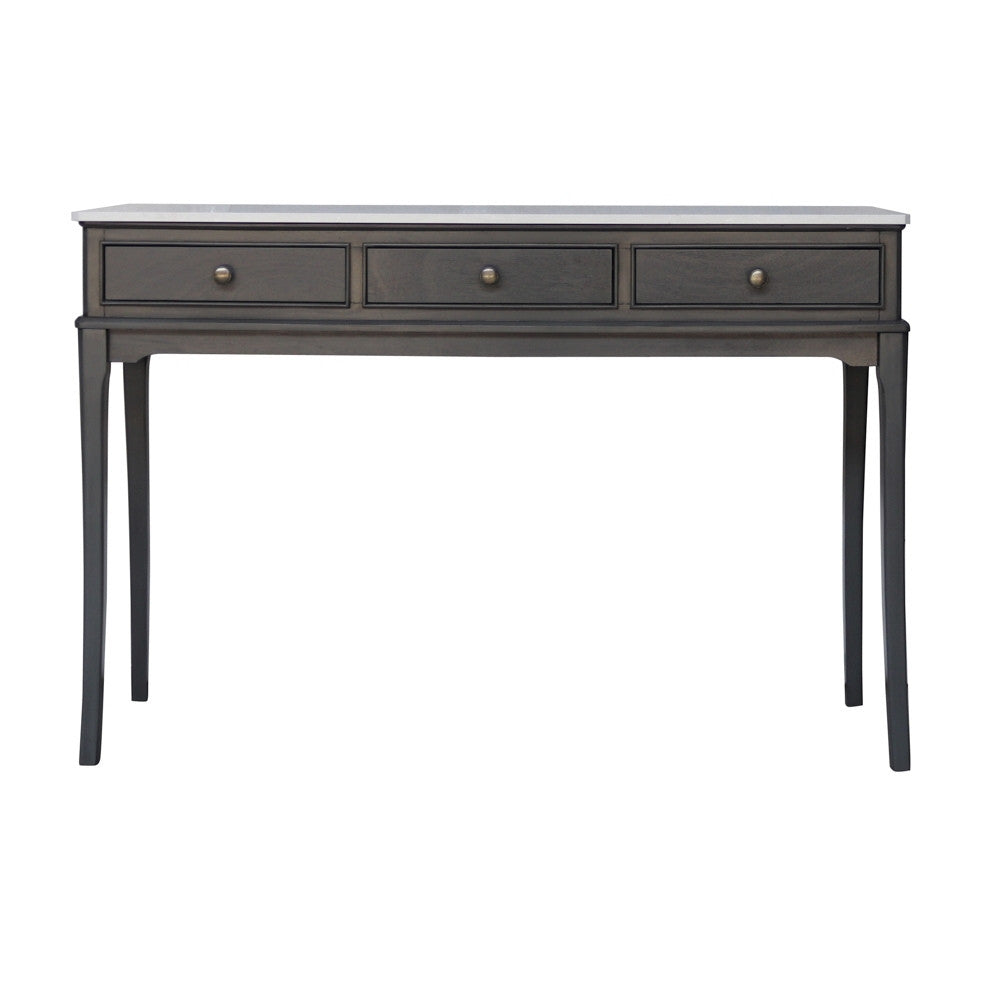 Dark brown / grey wood console table with three drawers on a white background