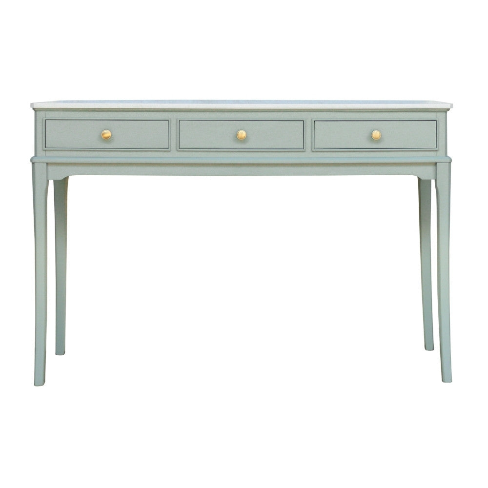 A three-drawer console table in a light sage green finish with small round gold knobs, shown against a plain white background.