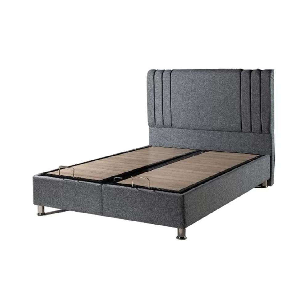 Gray upholstered bed frame with wooden slats on a white background