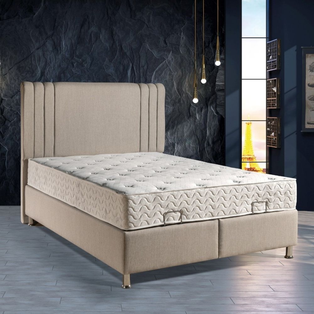 Beige bed with mattress in a modern bedroom setting