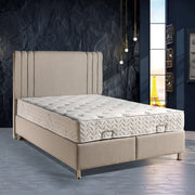 Beige bed with mattress in a modern bedroom setting