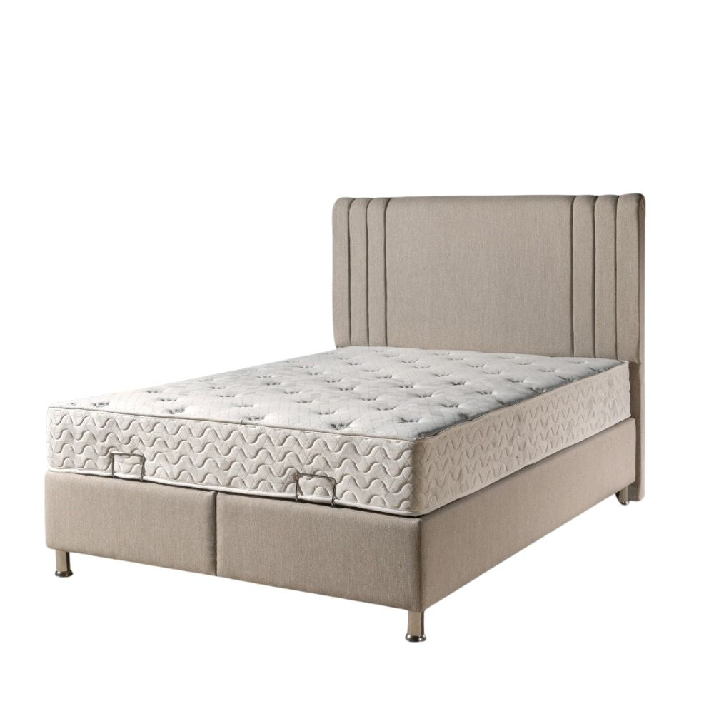 Beige ottoman divan bed frame with mattress on a white background