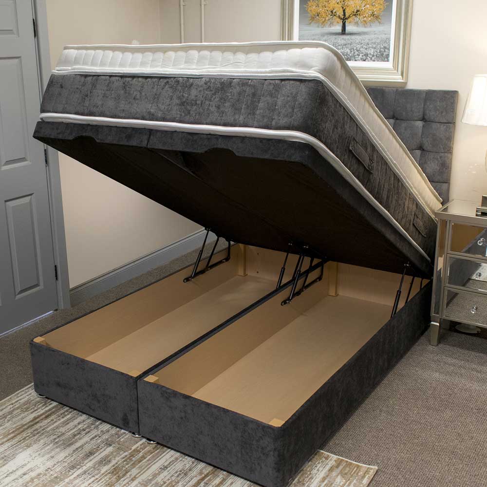 Otoman bed frame with raised mattress in a bedroom setting