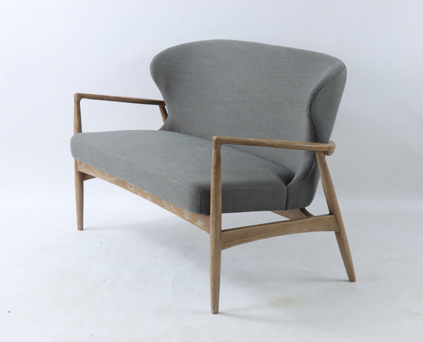 Front side view of Bronte Grey 2 seater Oak Bentwood sofa