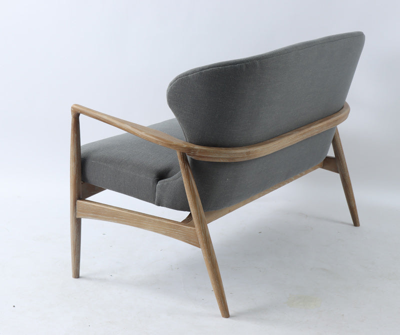 side rear view of Bronte Grey 2 seater Oak Bentwood sofa