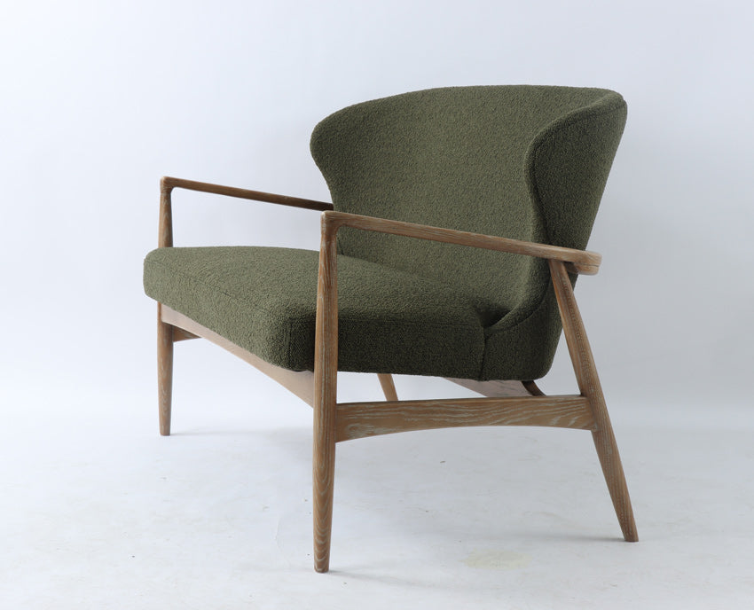 Bronte green 2 seater Oak Bentwood sofa side front angle