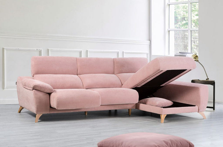 Palma Sofa Chaise by Pedro Ortiz in Pink Fabric with storage Ottoman Open and sliding deats pulled out