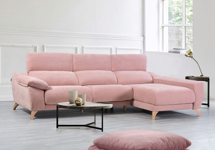 Palma Sofa Chaise in Pink Fabric with wooden legs by Pedro Ortiz - Photo taken in Room Setting