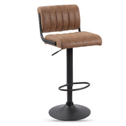 Brown leather bar stool with black metal base on a white background
