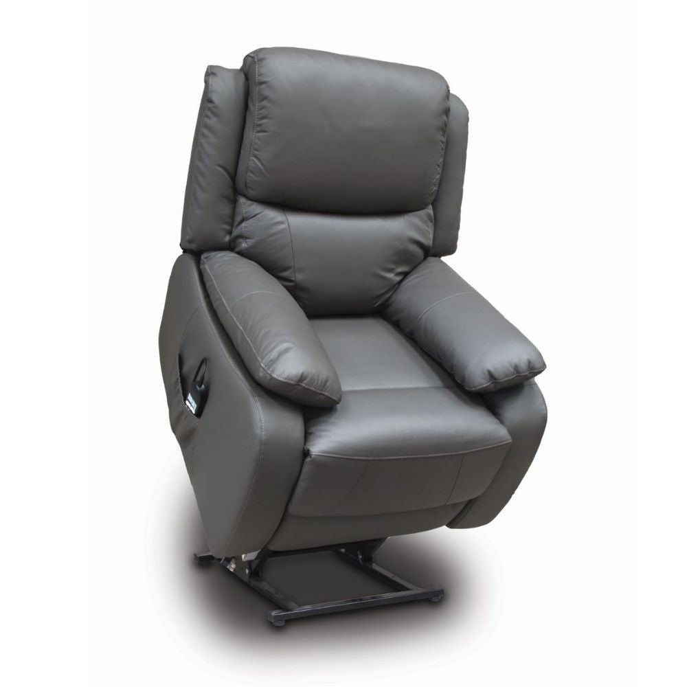Grey leather lift and rise recliner chair on a white background