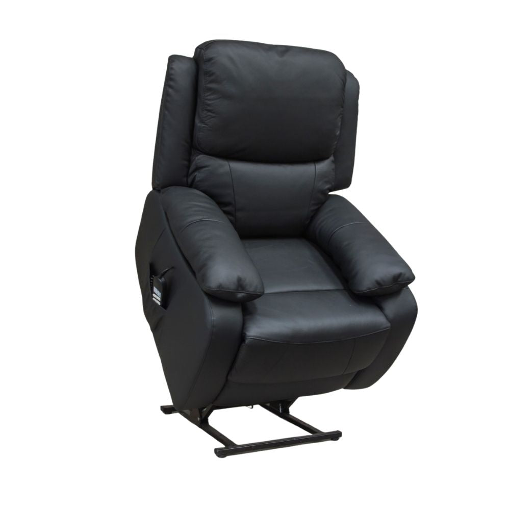 Black leather lift and rise recliner chair on a white background