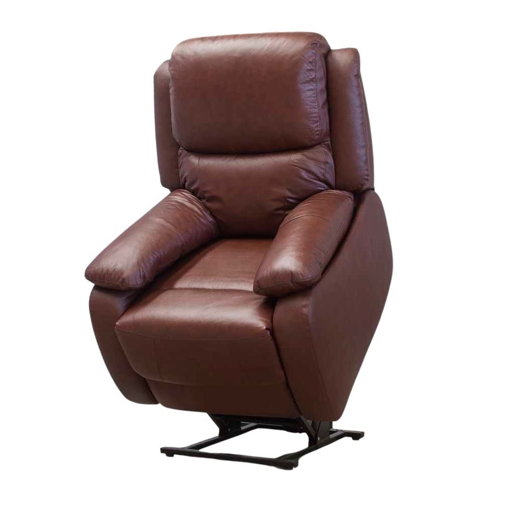 Brown leather lift and rise recliner chair on a white background