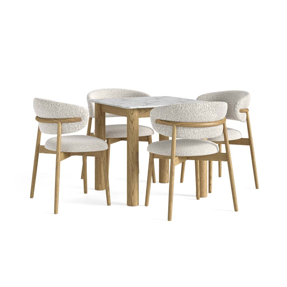 A 5-piece dining set featuring a square table with a white marble top and four matching armchairs with textured  white bouclé upholstery and light oak frames, shown on a solid white background.