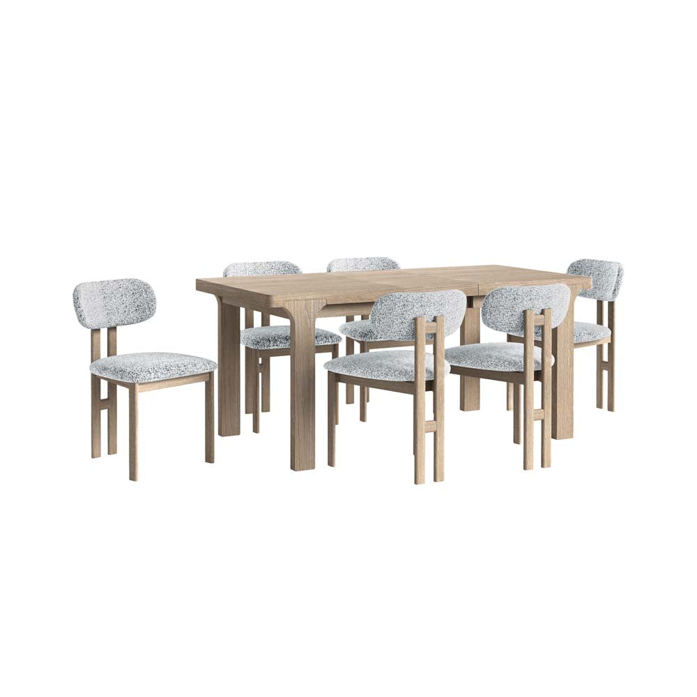 Wooden dining table with six matching chairs on a white background