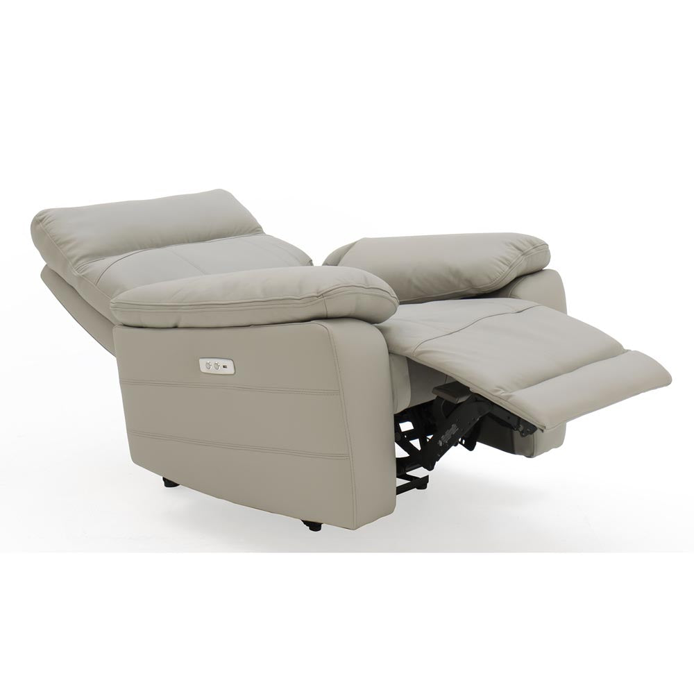 Light grey positano recliner chair, in it's reclining position on a white background