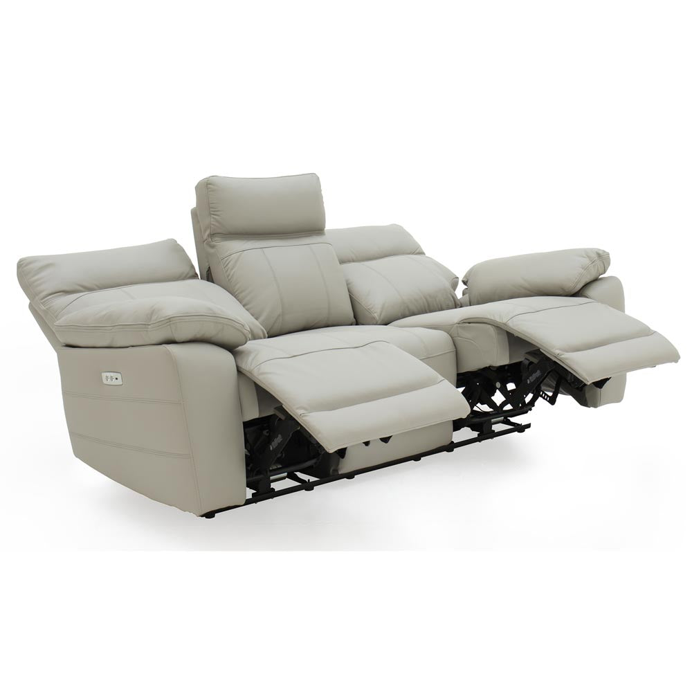 Light grey 3 seater recliner sofa on a white background, 2 of the seats are fully reclined