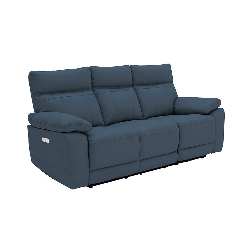 Blue 3 seater electric reclining sofa on a white background
