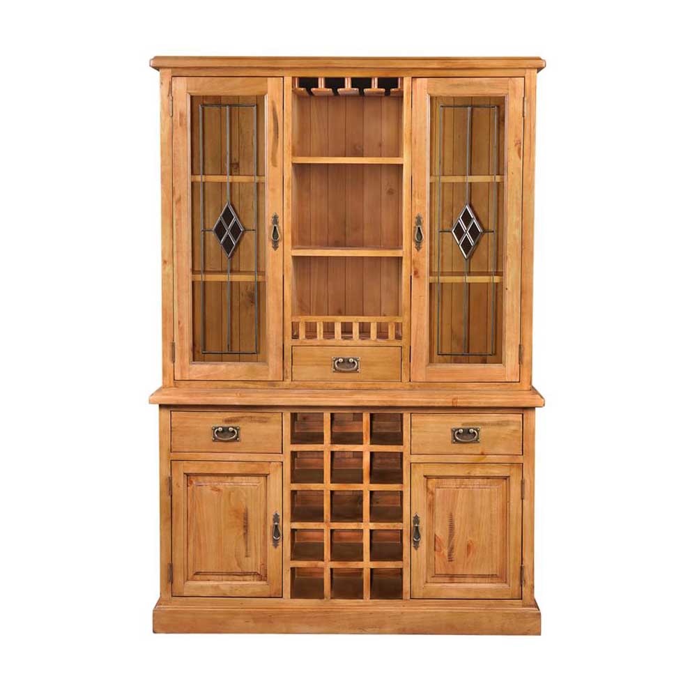 Wooden cabinet with glass doors and wine rack on a white background