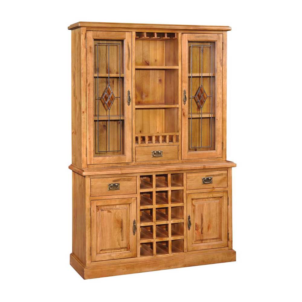 Wooden cabinet with glass doors and wine rack on a white background