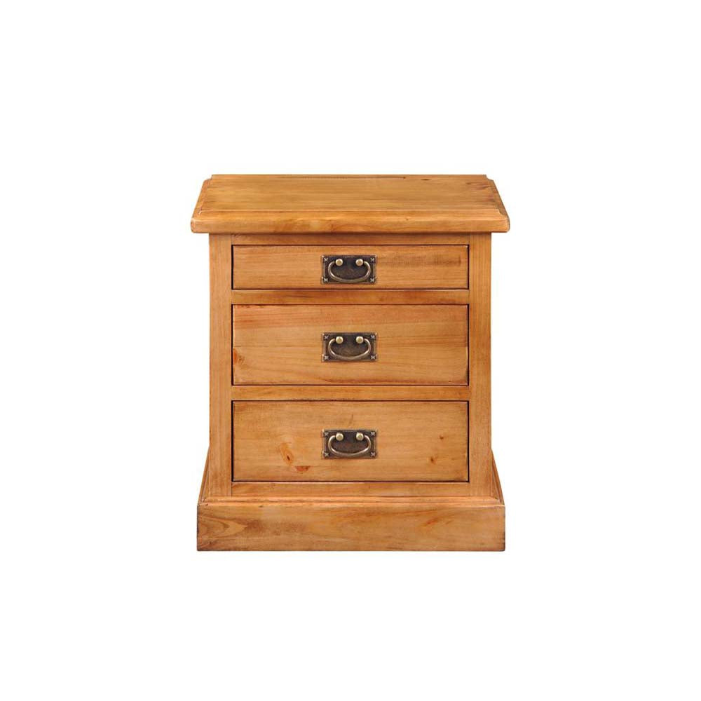 Wooden pine nightstand with three drawers on a white background
