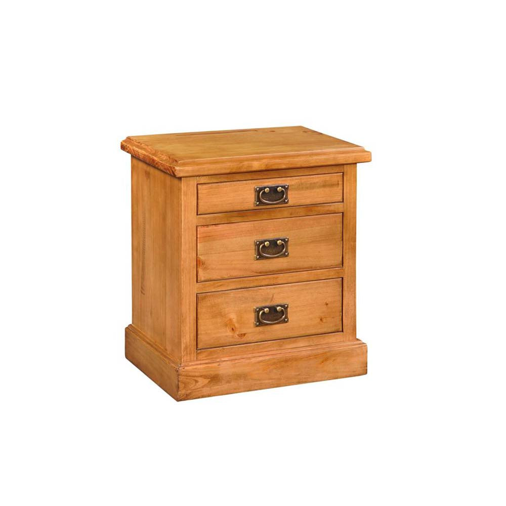Wooden pine nightstand with three drawers on a white background