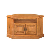 Wooden pine corner TV stand with two doors on a white background