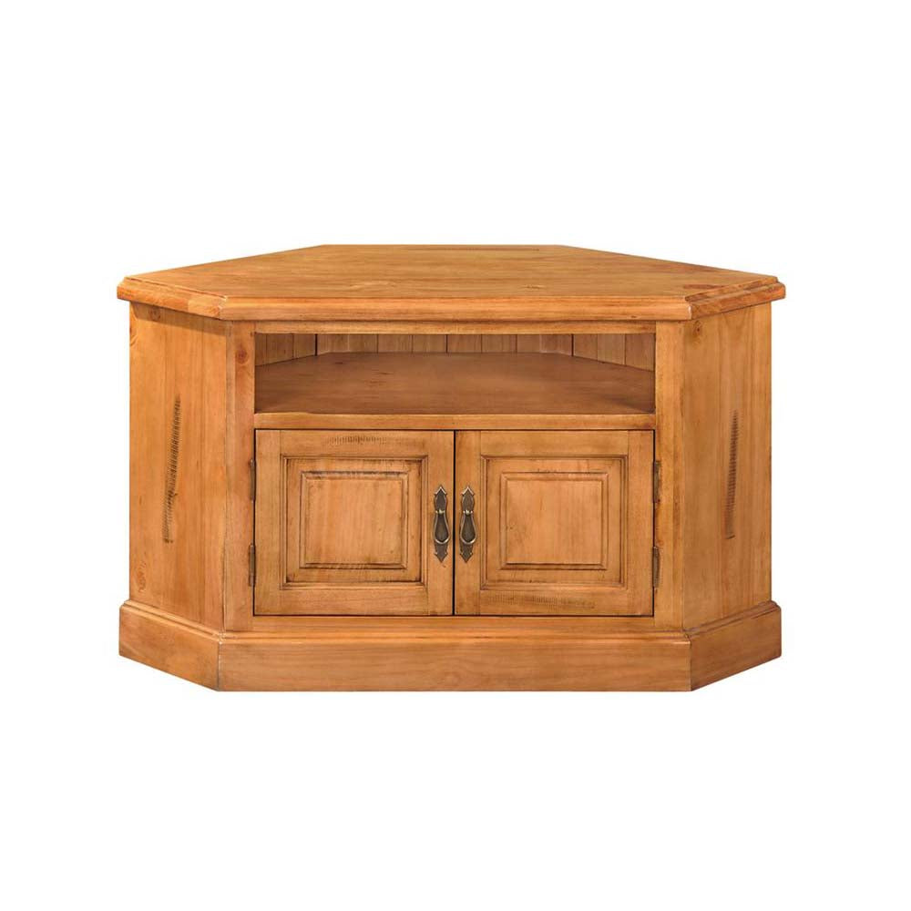 Wooden pine corner TV stand with two doors on a white background