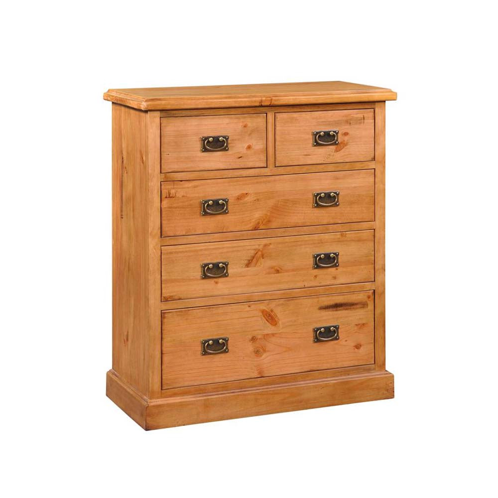 Wooden dresser with five drawers on a white background