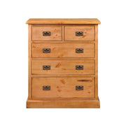 Wooden dresser with five drawers on a white background