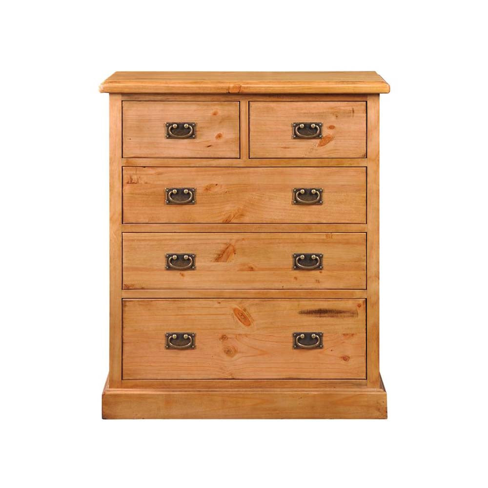 Wooden dresser with five drawers on a white background