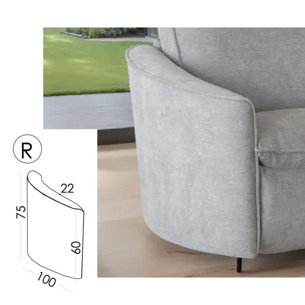 Gray sofa with dimensions displayed on a white background