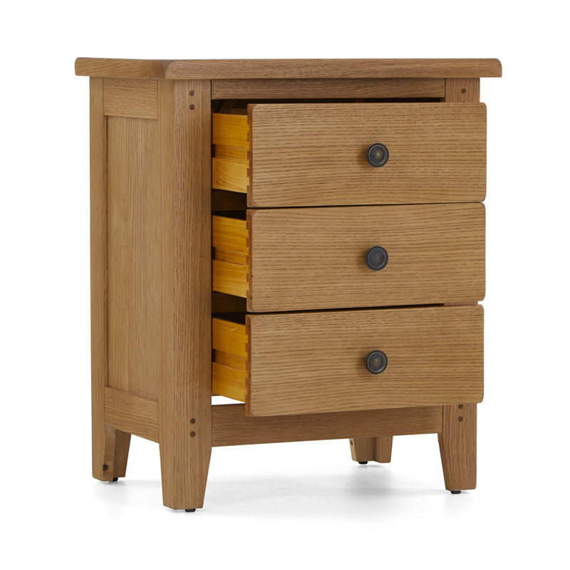 Burford 3 Drawer Bedside From Front Side Angle