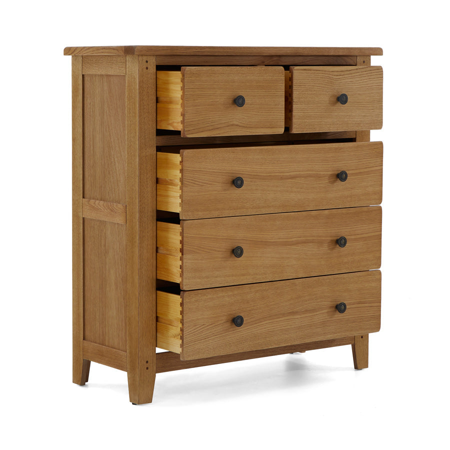 Burford 2 over 3 Bedroom Chest from Front side angle with drawers Open