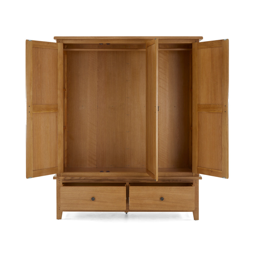 Burford Triple Wardrobe from front with doors and drawers open