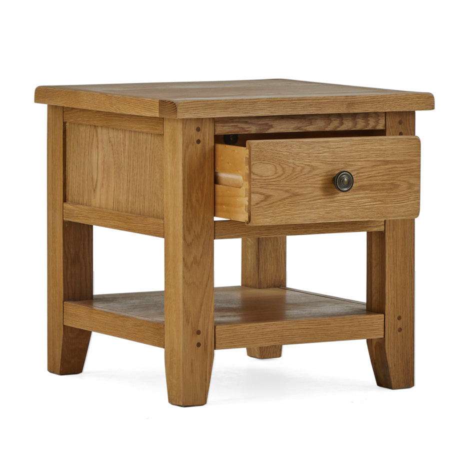 Burford Lamp Table Angled view with Drawer Open
