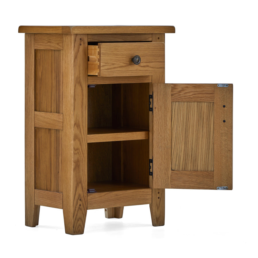 Burford Telephone Table Side angle with door and drawer open