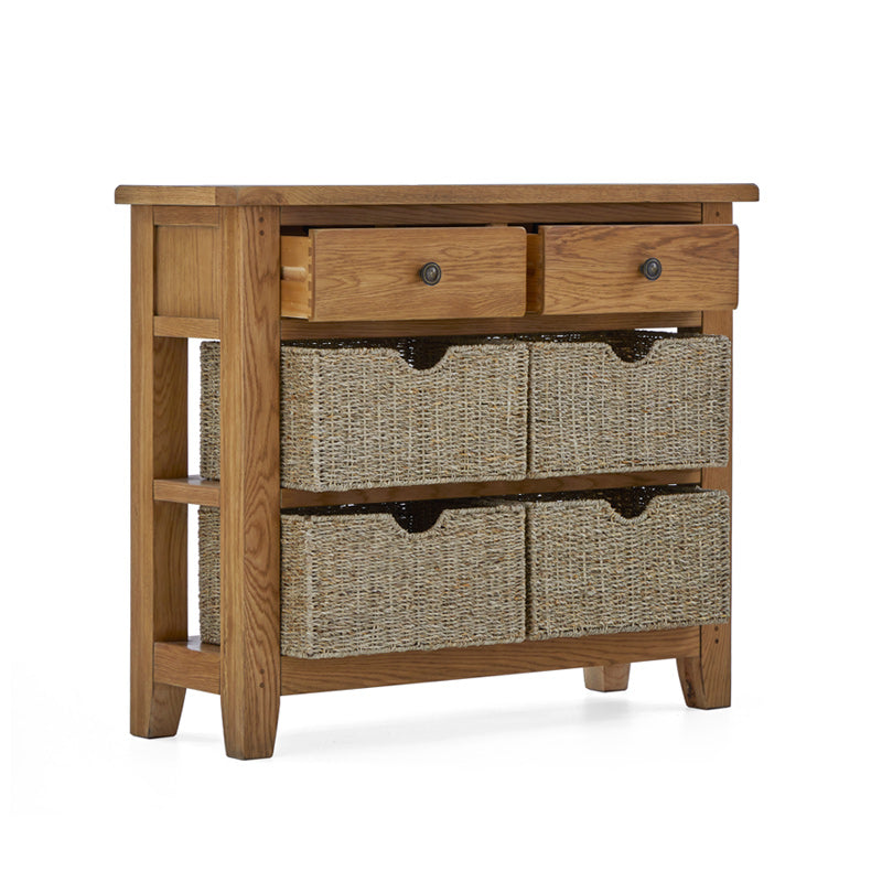 Burford Console Table with Baskets Front side Angle with drawer and baskets pulled out