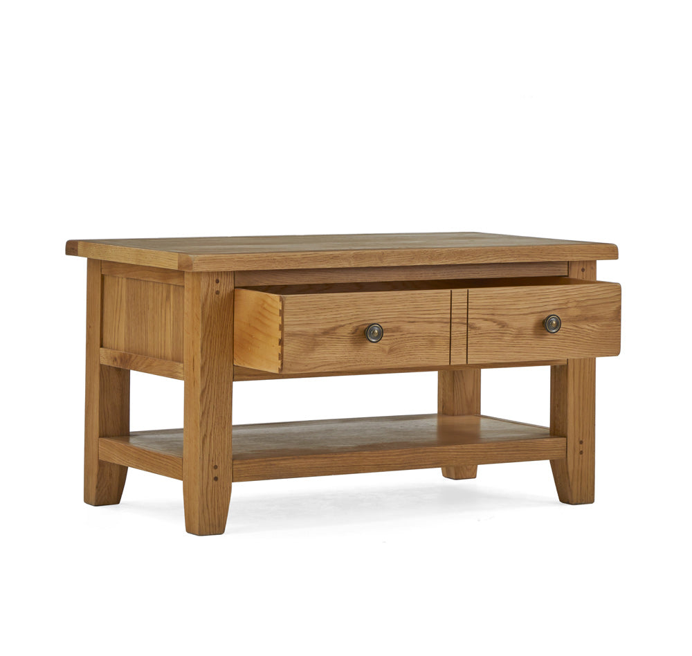 Burford Small Coffee Table with drawer open other side front view