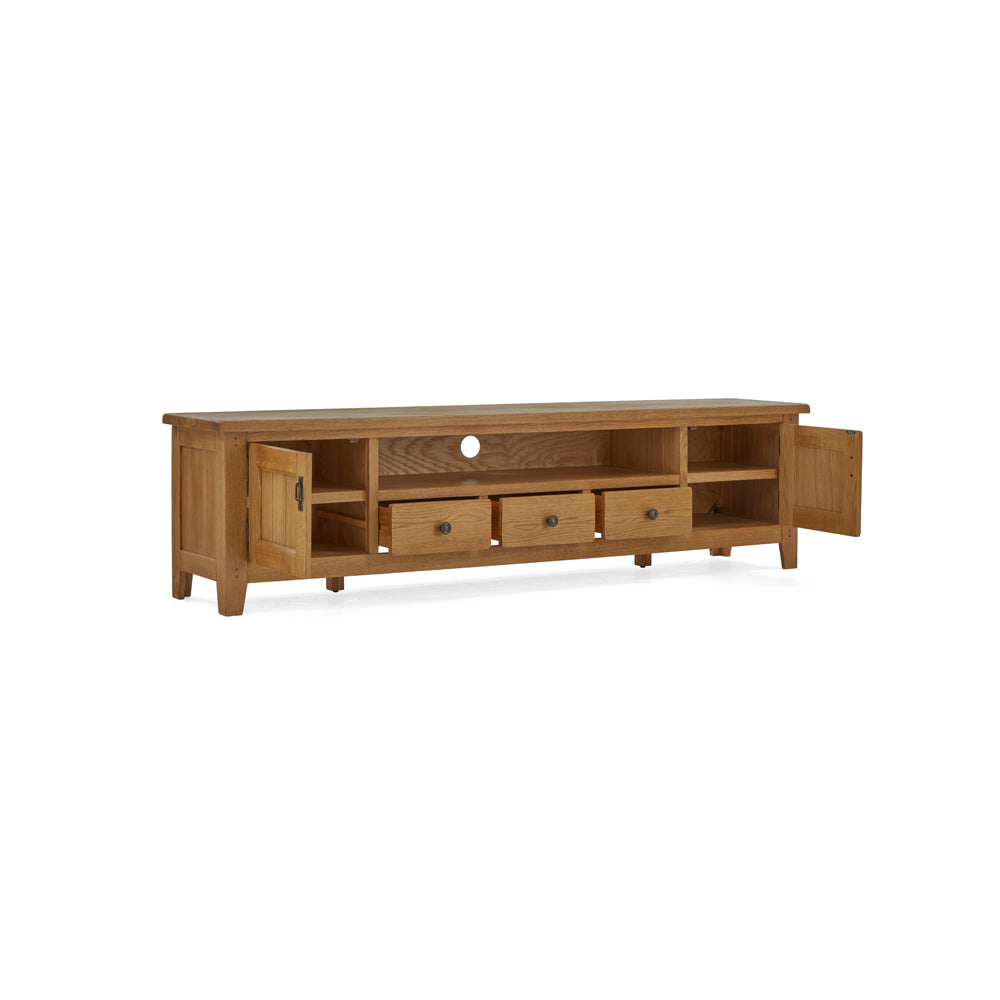Burford Extra Large TV Unit with Doors and Drawers Open - Front side view
