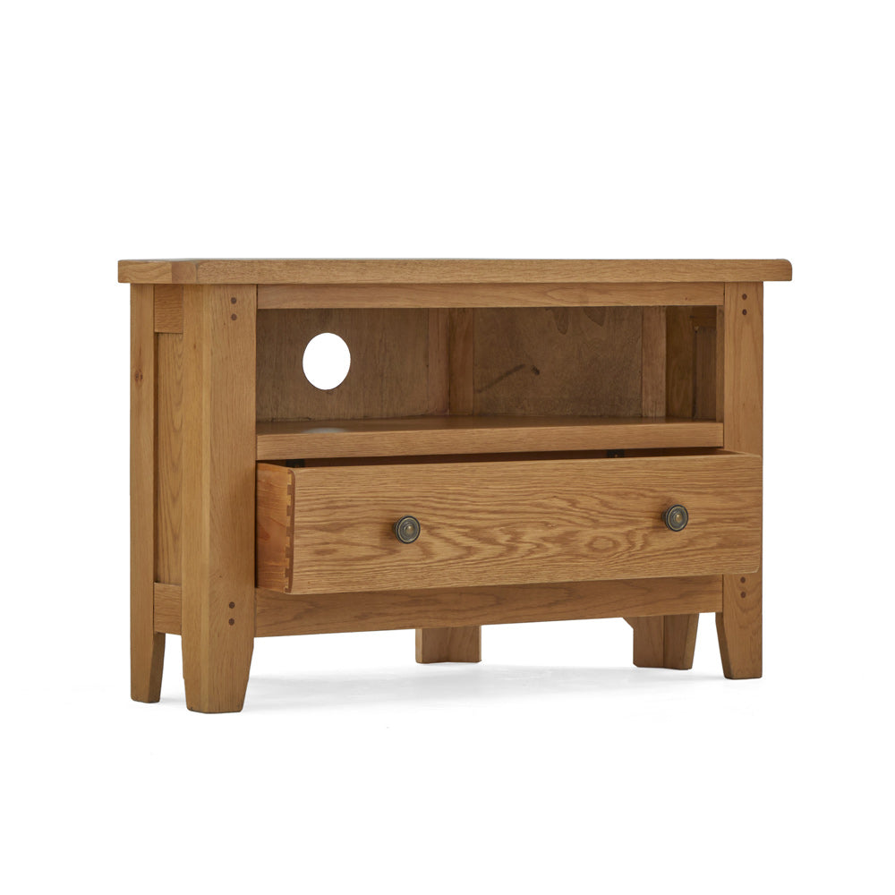 Burford corner TV Unit with Drawer front side view with drawer Open