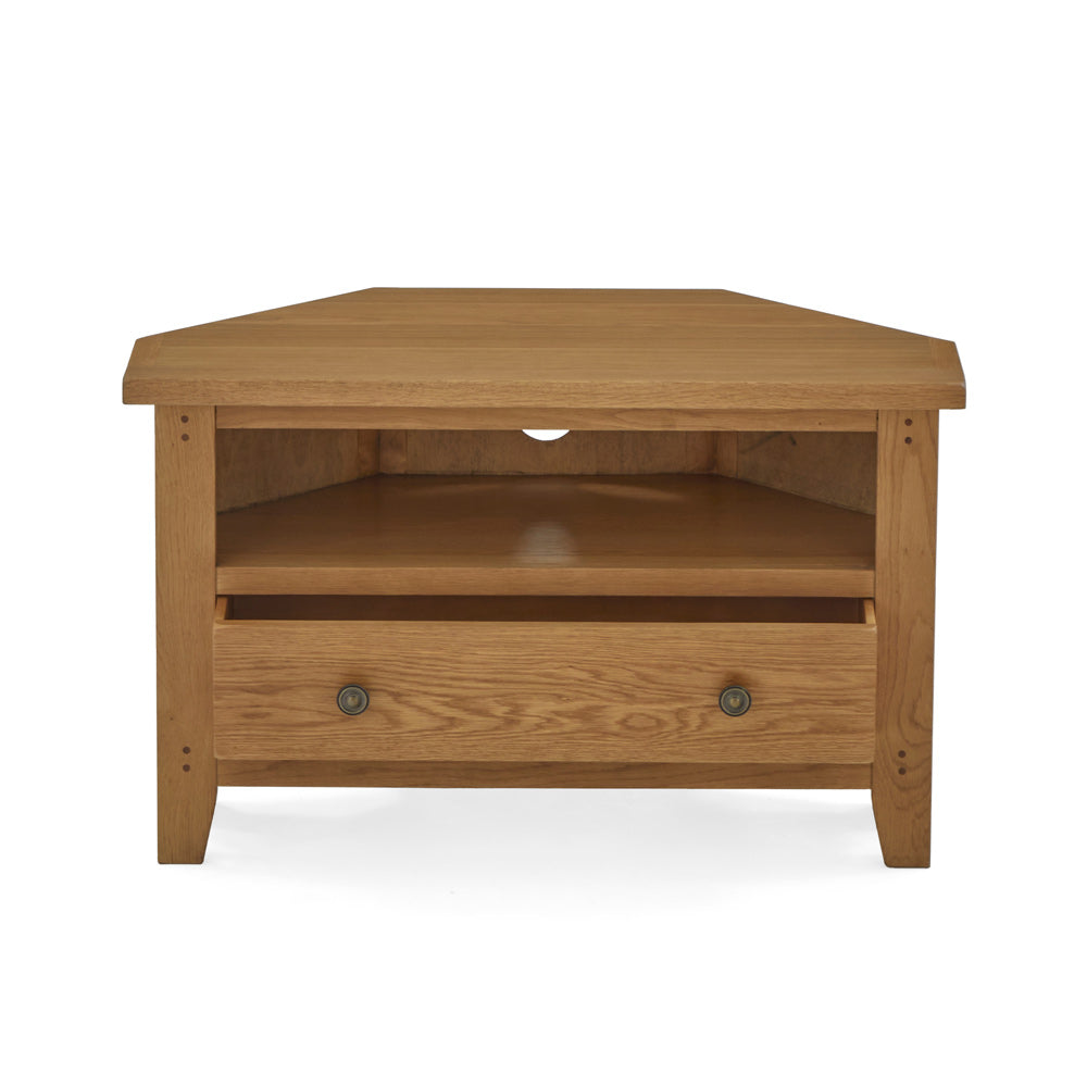 Burford corner TV Unit with Drawer front upper view with drawer open